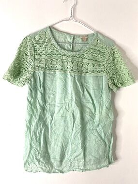 J. Crew Green 100 Linen Lace Short Sleeve Blouse Keyhole Back Top